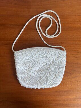 White Beaded Satin Evening Bag / Bridal Purse - Floral Embroidered Shoulder Bag